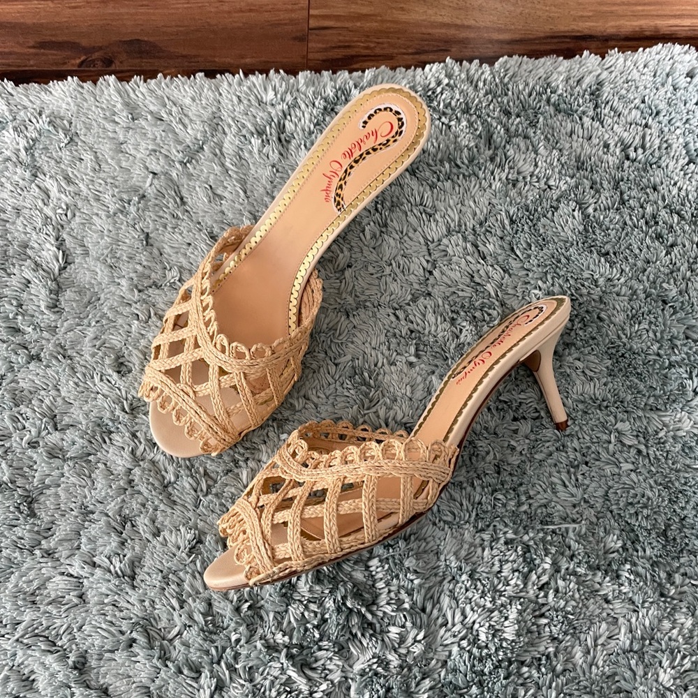 Charlotte Olympia Raffia Sandals Size 8.5 kitten heels mule sandal straw beige
